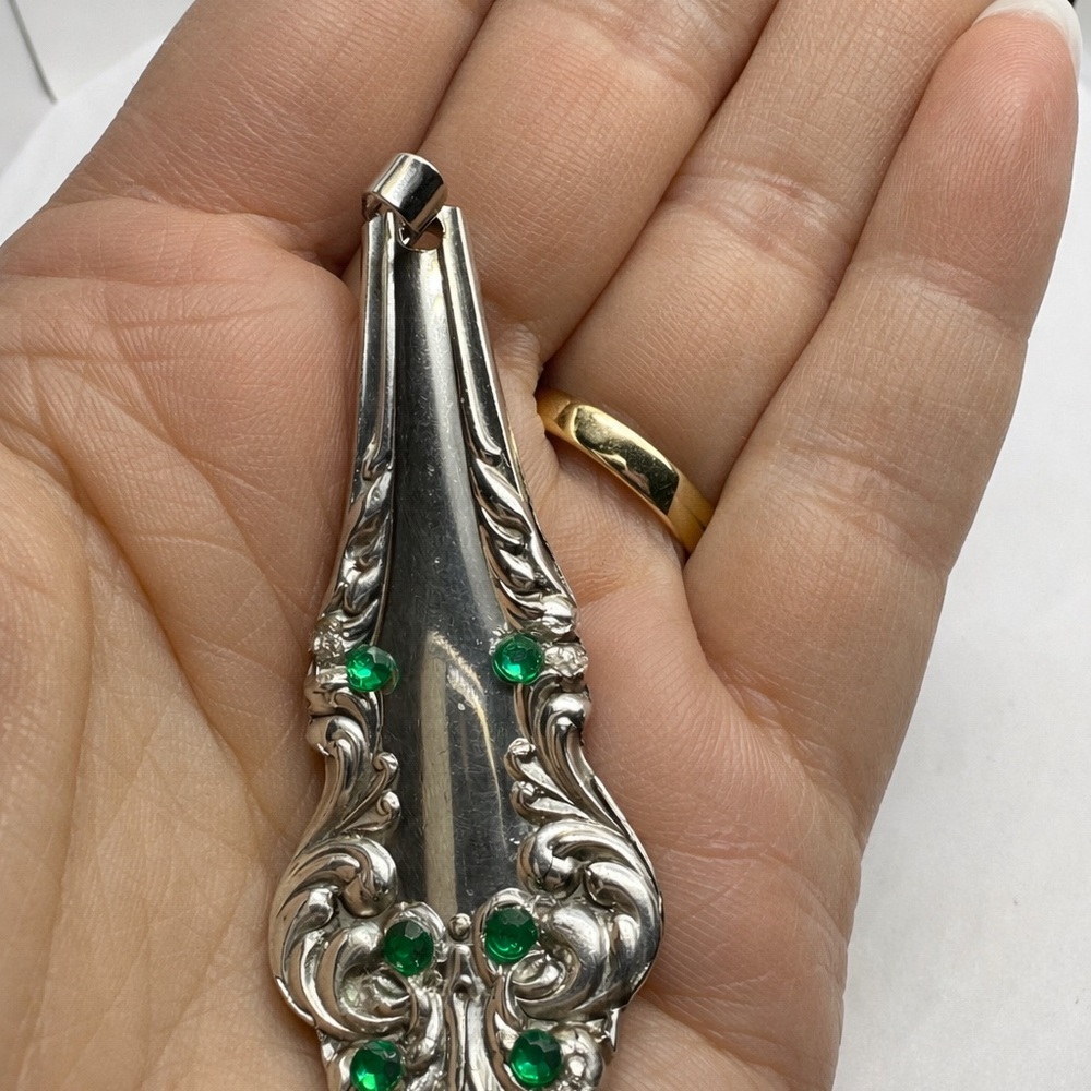 Upcycled Vintage Spoon Pendant Necklace with  • Emerald Swarovski crystals–